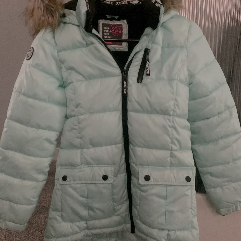 Justice teal puffer winter jacket
